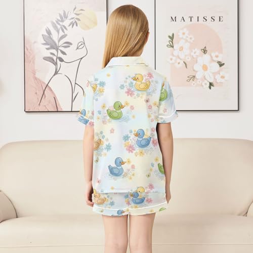 Satin Pajama Sets Short Sleeve Ducks Flowers Butterflies Button Down Silky Nightwear 2 Piece PJS 5-14Y4