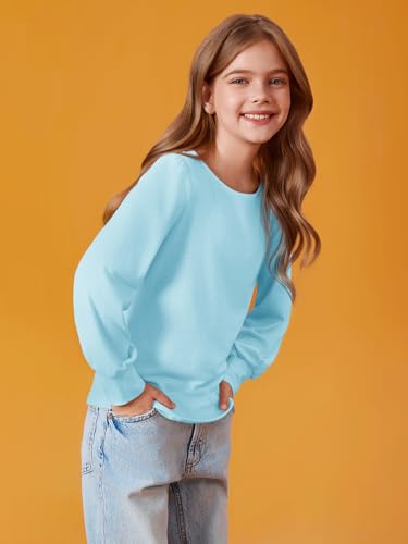 Image of Haloumoning Girls Puff Long Sleeve Shirts Fall Tops 5-14Y | Casual,Solid Color,Crewneck, Soft, Tunic Tops Blouse,Kids Long Sleeve T Shirt,,Fashion Clothes