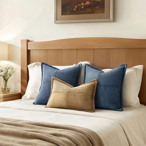 Image of MIULEE Decorative Throw Pillow Covers for Couch Bed Livingroom 20x20 Inch Set of 2 Blue Boho Accent Throw Pllows Broadside Striped Patchwork Soft Corduroy Summer Coastal Pillowcases