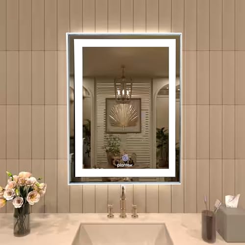 Image of Plantex Metal LED Wall Mirror with Triple-Tone /Touch Mirror for Bedroom /Dressing Room /Living Room - Rectangle Shape (18 X 24 Inch)