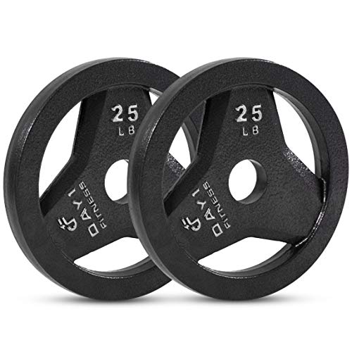 Day 1 Fitness Cast Iron Olympic 2-Inch Grip Plate for Barbell, 25 Pound Set of 2 Plates Iron Grip Plates for Weightlifting, Crossfit - 2” Weight Plate for Bodybuilding
