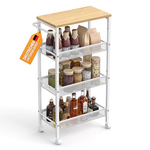 VASAGLE Rollwagen 4 Ebenen, Küchenwagen schmal, Nischenregal auf Rollen, Stahl, Griff, für kleine Räume, 22 x 45,4 x 77 cm, Küche, Bad, Wohnzimmer, Arbeitszimmer, eichenfarben-weiß LRC033W09