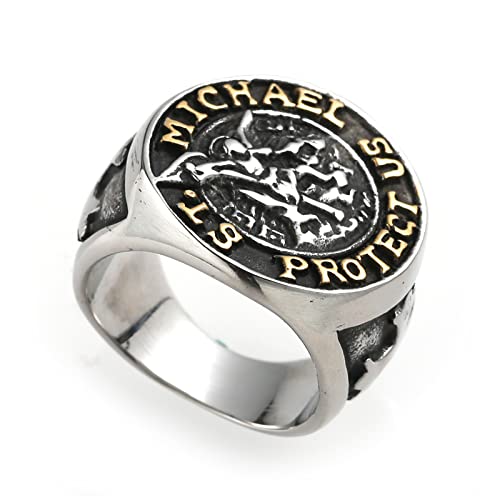 Anel De Sinete De SãO Miguel, Anel De AçO InoxidáVel GóTico Vintage Arcanjo Patrono Masculino,Silver