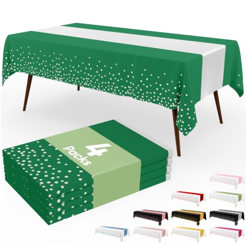 Image of Smiry Plastic Table Cloth Disposable 4 Pack, 54 x 108 Inch Rectangle Waterproof Tablecloth, Printed Gold Table Runner Style for Birthday Weeding, Party Decorations, Sturdy, White and Christmas Green