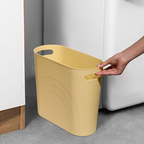 Image of rejomiik Small Trash Can, 3.5 Gallon Slim Garbage Can Plastic Waste Basket with Handles Container Bin for Narrow Spaces Bathroom, Bedroom, Kitchen, Office at Home, Yellow