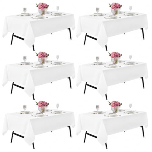 Image of 6-Pack 60x84 inch White Table Cloths, Solid Stain and Wrinkle Resistant Oblong Tablecloth, Premium Plain Weave Polyester Fabric Rectangle Table Linen Covers for Hotel, Banquet