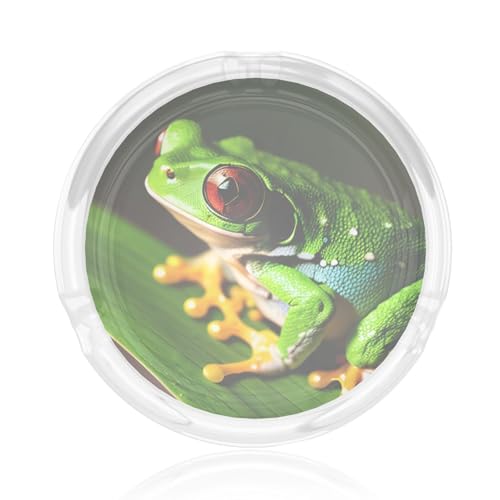 Posacenere rotondo in vetro con stampa di rana e albero per bordi grezzi per casa, ufficio, patio, interni ed esterni