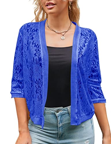 Image of Xunger Women's 3 /4 Sleeve Lace Cardigan Casual Open Front Floral Lace Shrug Summer Cover Up