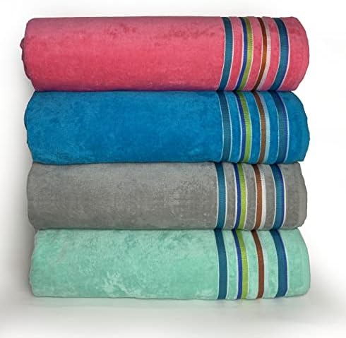 36 x 70 Hampton Beach Towel 4 Pack Resort & Hotel Pool,SPA Style 100% Cotton Solid Colors with Accented Striped Border (Gray-Mint-Turquoise-Pink) (Assorted, 4)
