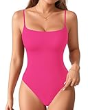MANGOPOP Women's Cami Thong Bodysuit Double Lined Square Neck Adjustable Spaghetti Strap Tank Tops Hot Pink XS
