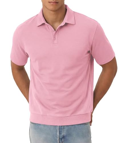 Elainone Men's Casual Knitted Polo Short Sleeve Golf Shirt for Men 3 Button Collar T-Shirt Smart Business Pink
