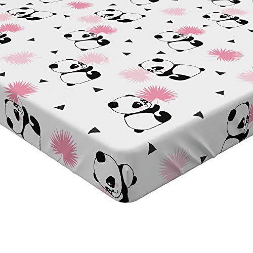 Lunarable Panda Fitted Sheet, Cartoon Style Bear Drawings Pinkish Foliage Leaves Chinese, Bed Cover With All-Round Elastic Deep Pocket For Comfort, Twin Xl Size, Pink Black #TOP1