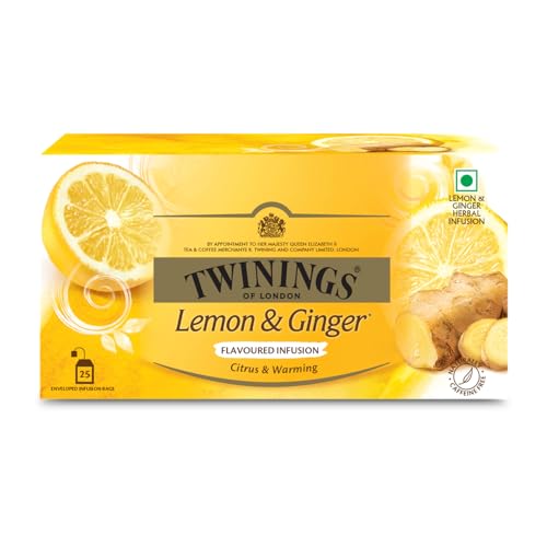 Image of Twinings Lemon & Ginger Tea, Perfect Blend of Zesty Lemon & Ginger Spice, Boosts Immunity, Rich in Anti-oxidants, Caffeine-Free, Made With Finest Ingredients, Enjoy as Hot or Iced Tea I 25 Tea Bags