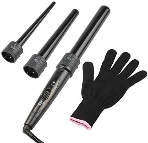 3 in 1 Curling Wand Set with 3 Interchangeable Curling Iron Ceramic Barrels with Heat Resistant Glove - Black