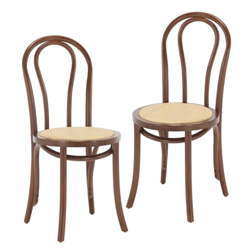 DM Furniture Bentwood Dining Chairs Set of 2 Mid-Century Modern Rattan Kitchen Chair with Backrest, Armless Curved Wood Bistro Chair for Dining/Kitchen Room,Home No Assembly Required, Walnut Wood
