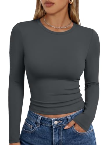 Trendy Queen Womens Long Sleeve T Shirts Fall Basic Tops Gray S