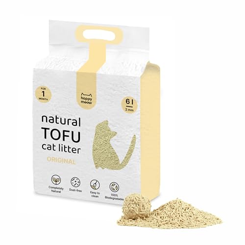HAPPY MEOW Arena de Tofu para Gatos (6L / 2,5Kg) - Natural y Biodegradable - Aglomerante Instantáneo, Bajo en Polvo, Control de Olores Duradero, Ultra Absorbente, Desechable en el Inodoro (Vainilla)