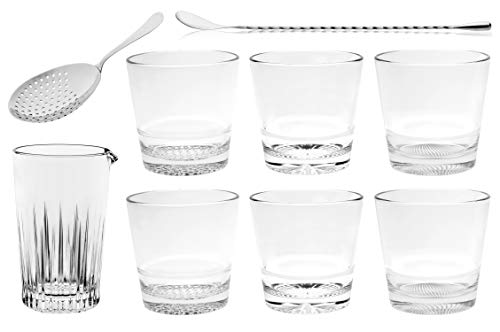 Barski - European - Glass - Mixology 9 Pc Set - Includes 18.5 oz. Mixing Cup - 6 Double Old Fashioned Glasses 13.5 oz. - Strainer - and Stirrer - Gift Boxed - Made in Europe