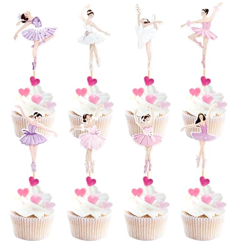 SAMOKA Ballerina Cupcake Toppers,24 PCS Ballet Dancer Girls Cupcake Toppers,Ballerina Theme Baby Shower Birthday Party Cake Decoration Supplies