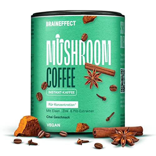 BRAINEFFECT MUSHROOM COFFEE - Pilzkaffee mit Chaga und Lion's Mane Extrakt, Hochdosiertes Pilzkaffee Pulver mit Eisen und Zink als Kaffee Alternative, Pilzpulver Kaffee mit Geschmack - 20 Portionen Cover