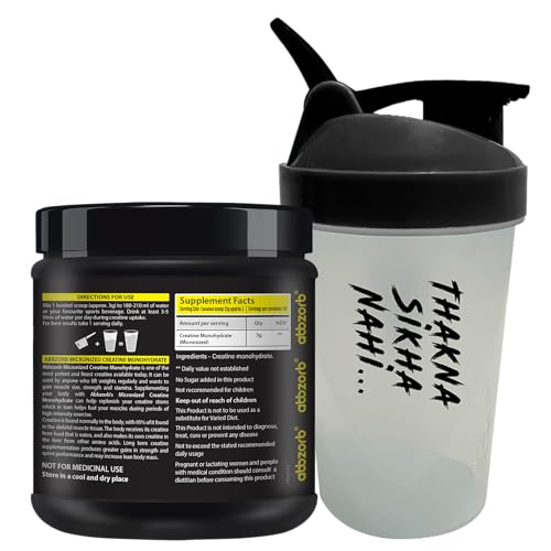 Image of ABBZORB Micronized Creatine Monohydrate - 250 Gram, 83 Serves, Unflavored, 3g of 100% Creatine Monohydrate Per Serve | Pre workout Supplement, Power & Strength, With Shaker