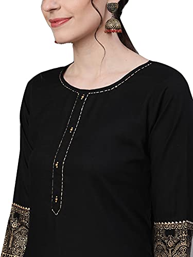 Image of ishin Women's Viscose Rayon Black Solid With Gota Patti Straight Kurta set With Trouser and Dupatta