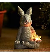 Meditating Zen Garden Rabbit Statue- Solar Powered LED Lights, Yoga Bunny with Glowing Butterfly,...