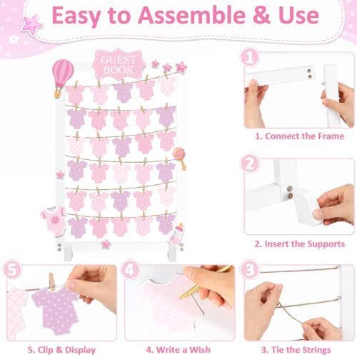 Pink Baby Shower Guest Book Hanging Wooden Frame Clothesline Keepsake Set — 사진 4