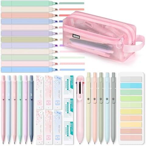 Asten 35 Pcs Aesthetic School Supplies, Clear Pencil Case with Pastel Pens and Highlighter, Mechanical Pencil 0.5 & 0.7 mm, 6-in-1 Multicolor Pen, Book Annotation Kit, College School Supplies for Girl Cover