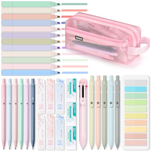 Asten 35 Pcs Aesthetic School Supplies, Clear Pencil Case with Pastel Pens and Highlighter, Mechanical Pencil 0.5 & 0.7 mm, 6-in-1 Multicolor Pen, Book Annotation Kit, College School Supplies for Girl