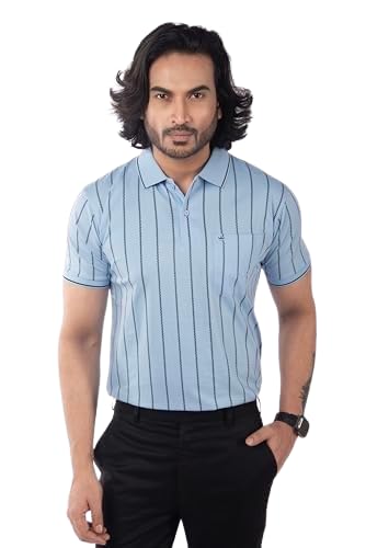 Image of Men's Polo T- Shirts Collar Neck Half Sleeves, Regular Fit, Cotton Mercerized Collection with All Over Vertical Printed Stripes /Comfortable and Soft