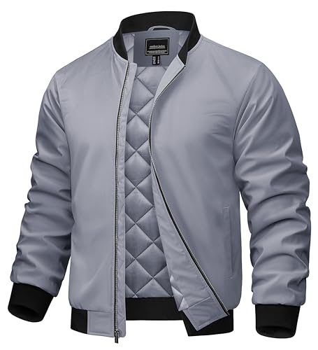 TACVASEN Men's Bomber Jackets Casual Fall Winter Warm Full Zipper Jacket Windproof Water Resistant Padded Coats Light Gray Large