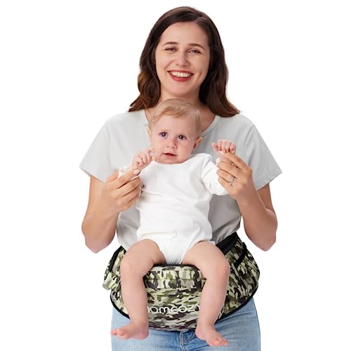 Image of Momcozy Hip Seat Baby Carrier - Adjustable Waistband with Original 3D Belly Protector & EVA Massage Board, Ergonomic Carrier with Various Pockets for Newborns & Toddlers up to 45lbs (Camo, Medium)