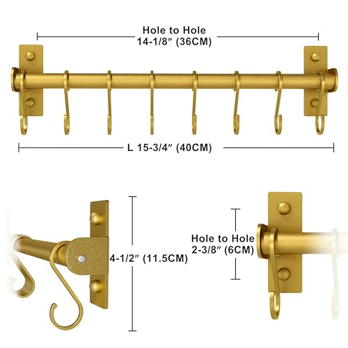 Dseap Kitchen Utensil Holder Hanger, Pot and Pan Rack Wall Mounted, Kitchen Rail with 8 Hooks for Hanging Cooking Utensils, Mugs, Spoons, Wall Mounted, Gold, Pack of 2