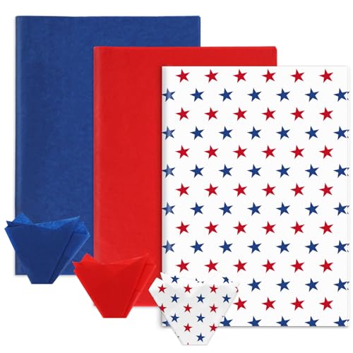 Whaline 90 Sheets Patriotic Tissue Paper Blue Red Star Gift Wrapping Paper 4th of July Decorative Art Paper for 250th Anniversary DIY Crafts Independence Day Party Decorations 14 x 20 Inch