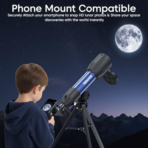 Image of Sounce 50mm Astronomical Land and Sky Refractor Telescope with 28.8x -86.4x Zoom Fully Coated Optics Compatible with Beginner Astronomy Viewing for Kids and Adults Portable Tripod Phone Holder (Black)