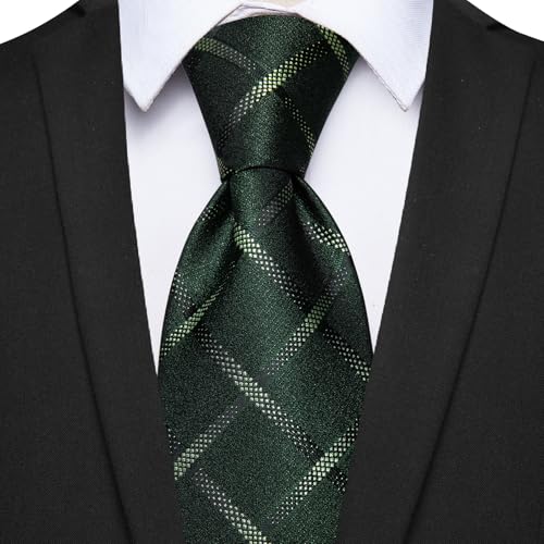 Image of YourTies Green Ties for Men Plaid Necktie Checkered Silk Tie Pocket Square Cufflinks Set Formal Business Party Wedding