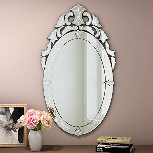 KOHROS Oval Bathroom Mirror 42" x 24" Venetian Mirror with Top Crown Floral Etched Frameless Decorative Wall Mirror for Vanity Bathroom Bedroom Living Room