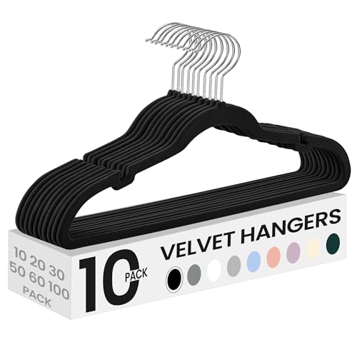SONGMICS Velvet Hangers 10 Pack, Non-Slip Clothes Hangers with Shoulder Notches, Pants Bar, 360° Swivel Hook, Space-Saving, for Closet, Ink Black UCR