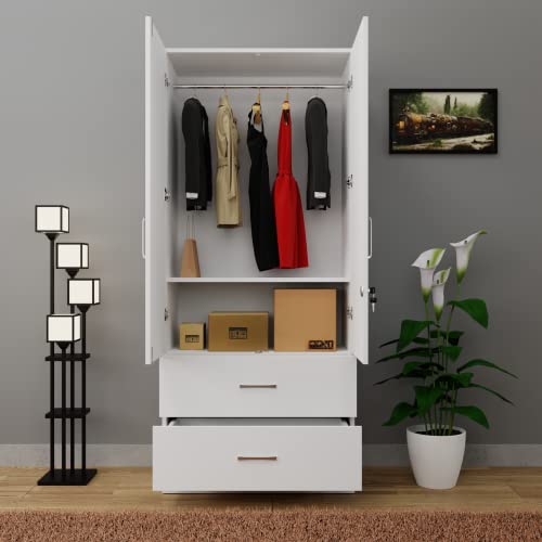 Image of VIKI Wardrobe | Wooden Almirah for Clothes,Door for Bedroom, 2 Door Wardrobe with Drawer & Hanging Space (Frosty White - 40D x 80W x 180H) | 1 Year Warranty | Free Assembly