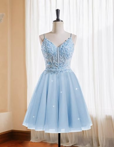 Tulle Homecoming Dresses 2025 V Neck Beaded Short Prom Dresses Spaghetti Straps Cocktail Party Dress for Teens4
