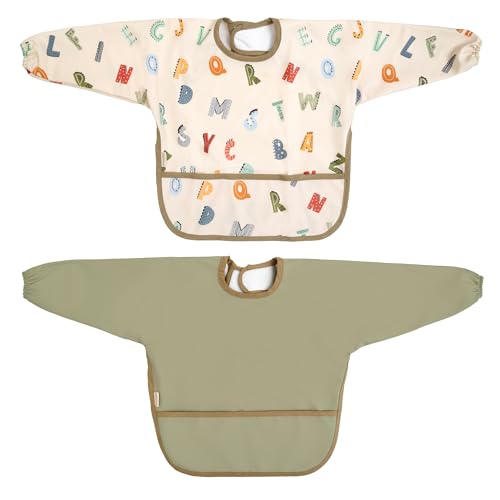 MIMUSELINA | Pack de 2 Baberos Bebe Impermeables con Mangas | Babero Con Mangas Impermeable con Cierre de Ajustable, Puños Elásticos y Bolsillo Delantero | Fabricado en España (Eco)
