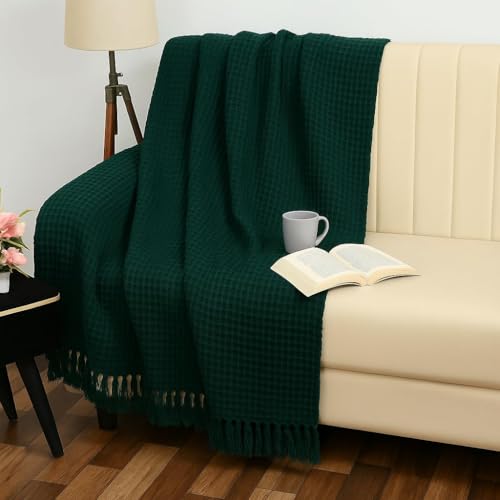 Image of Furnistitchs Bohemian Cotton Sofa Throw Blanket 50x60 inches | Waffle Knit & Chevron Pattern with Fringes | Aesthetic Decorative Couch Throw for Living Room & Bedroom (Bottle Green Waffle)