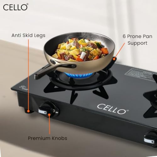 Image of Cello Dezire Plus 2 Burner Gas Stove | 6mm Toughened Glass | Manual Ignition | ISI Certified | Rapid Alloy Burnes | 1 Year Warranty | Hexa Pan Supports