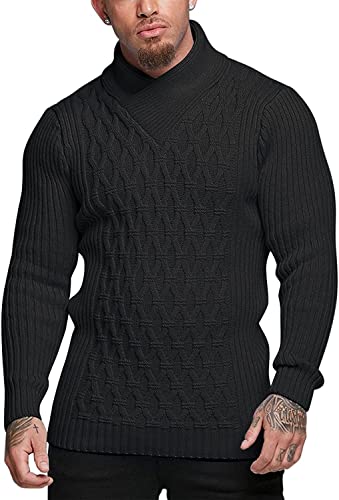 COOFANDY Herren Strickpullover Schalkragen Strickpullover Warm Strick Sweater Slim Fit Kuschelpullover Schwarz XL Cover