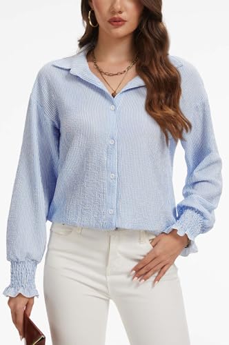 Image of WEACZZY Long Sleeve Shirts for Women Oversized Boyfriend Button Down Shirt Dressy Casual Loose Striped Blouses Tops