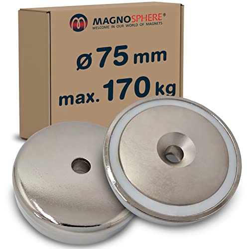 Imán en recipiente de neodimio Ø 75,0 x 18,0 mm con taladro avellanado - tiene 170 kg - Sistemas magnéticos con agujero para fijación