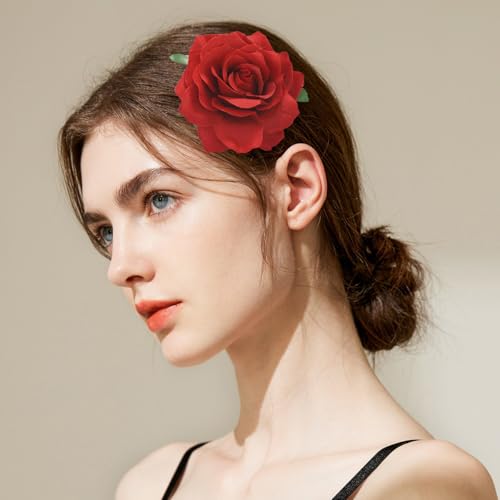 Image of 3.9 Inches Dark Red Rose Hair Clip Flower Brooches for Women | Elegant Design Valentines Flower Hair Pins for Women | Charming Lapel Brooch Pin Red Flowers Accessories | Valentines Day Gifts for Her