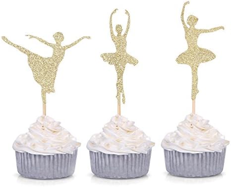 Giuffi 24 CT Gold Glitter Ballerina Cupcake Toppers Ballet Girl Baby Shower Birthday Party Decors