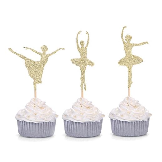 Giuffi 24 CT Gold Glitter Ballerina Cupcake Toppers Ballet Girl Baby Shower Birthday Party Decors